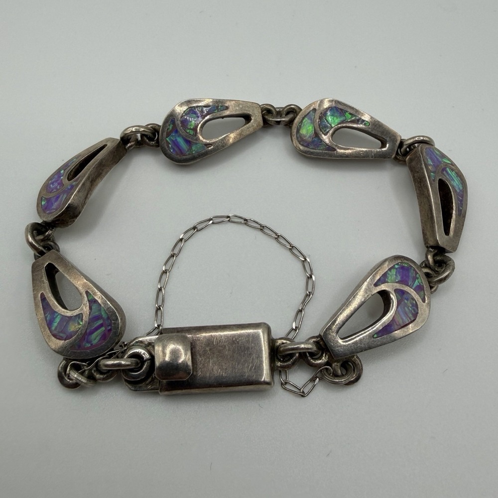 Vintage Mexican Sterling Silver 925 Opal Inlay Teardrop Link Bracelet 20g 6.0"
